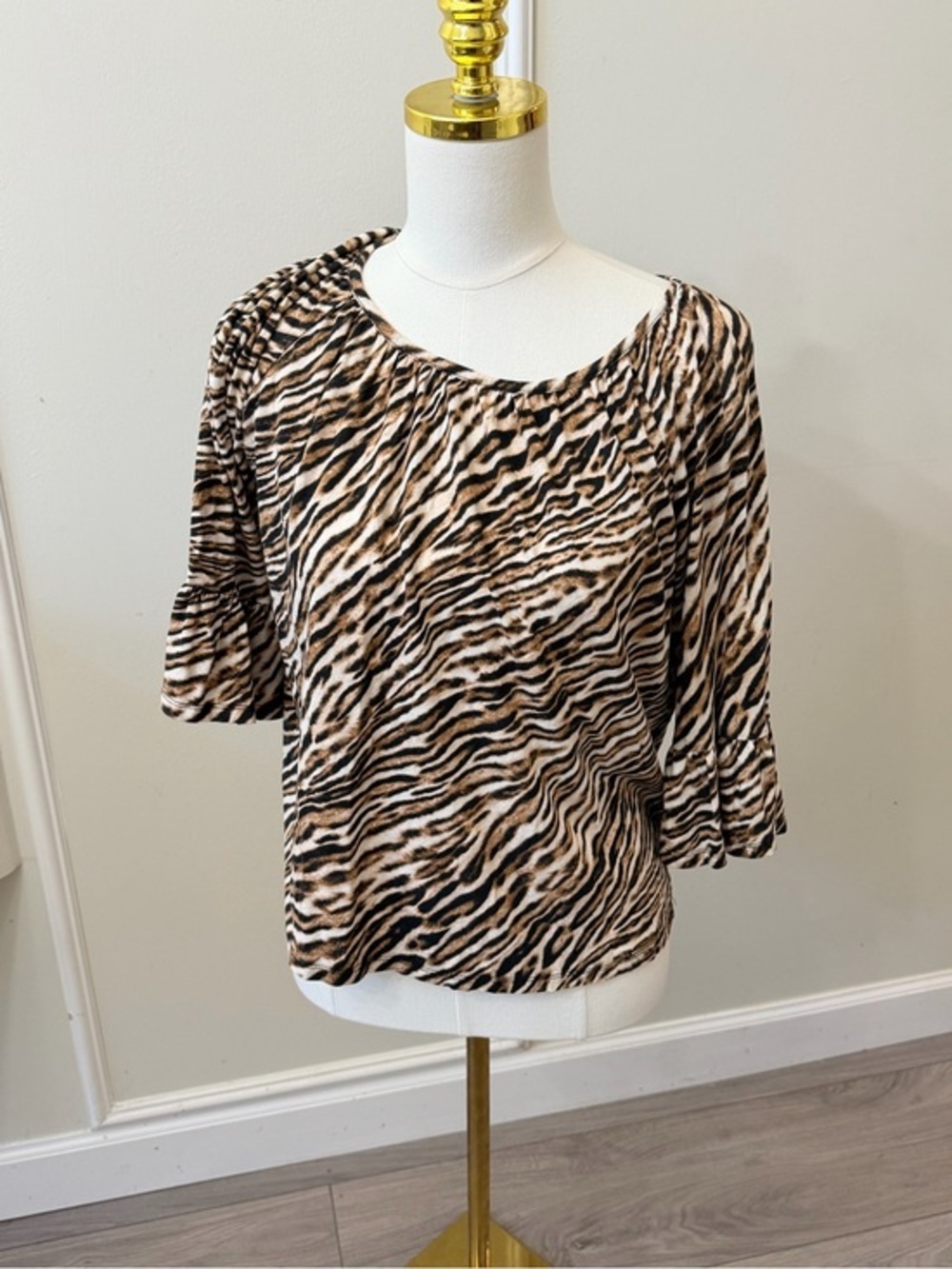 Michael Kors Black & Brown Animal-Print Scoop Neck Blouse